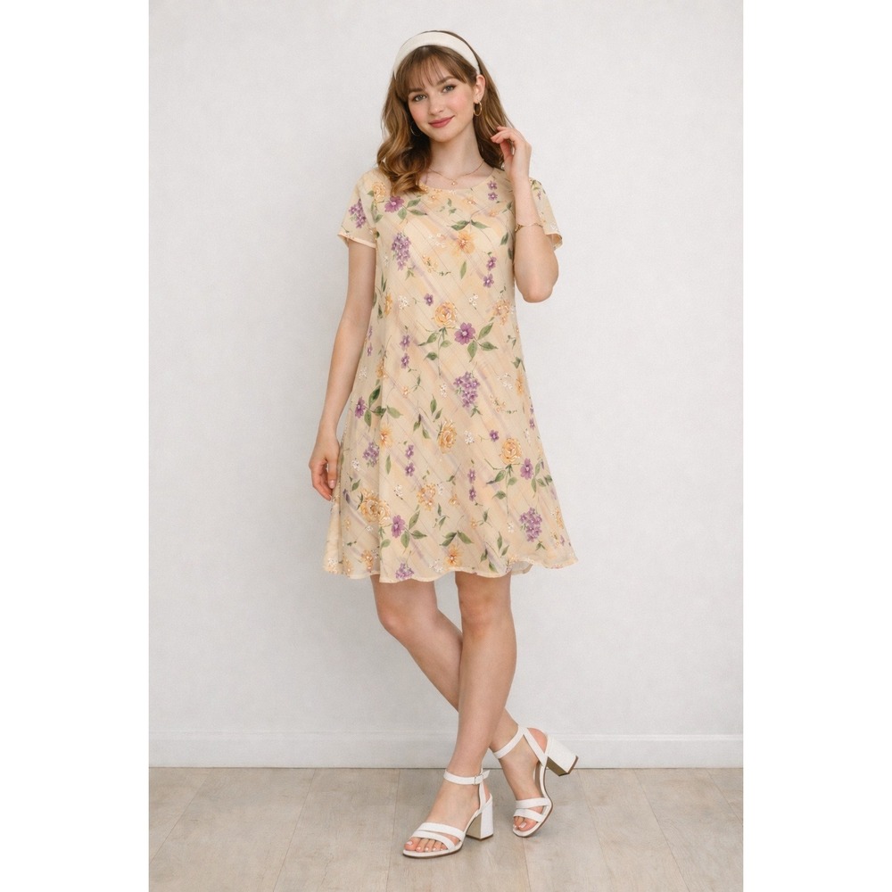 Worthington Double Layer Floral‎ Plaid Shift Mini Dress 8P Cottagecore Soft Girl